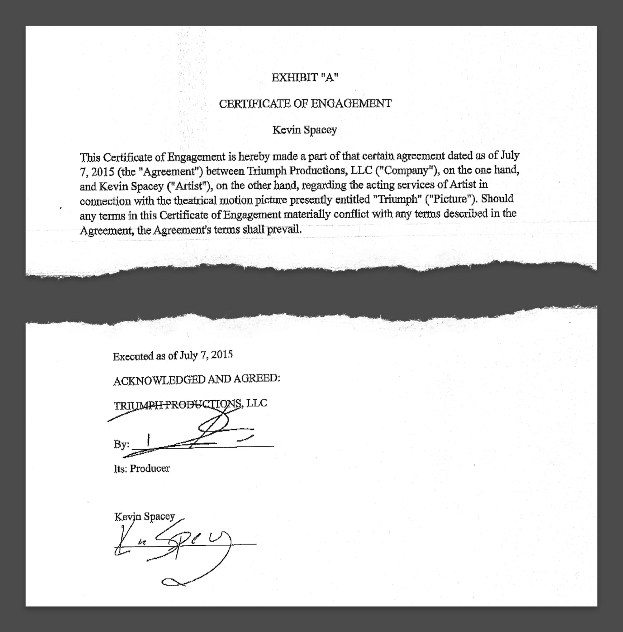 Screenshots of a certificate of engagement signed with a forged signature of Kevin Spacey.