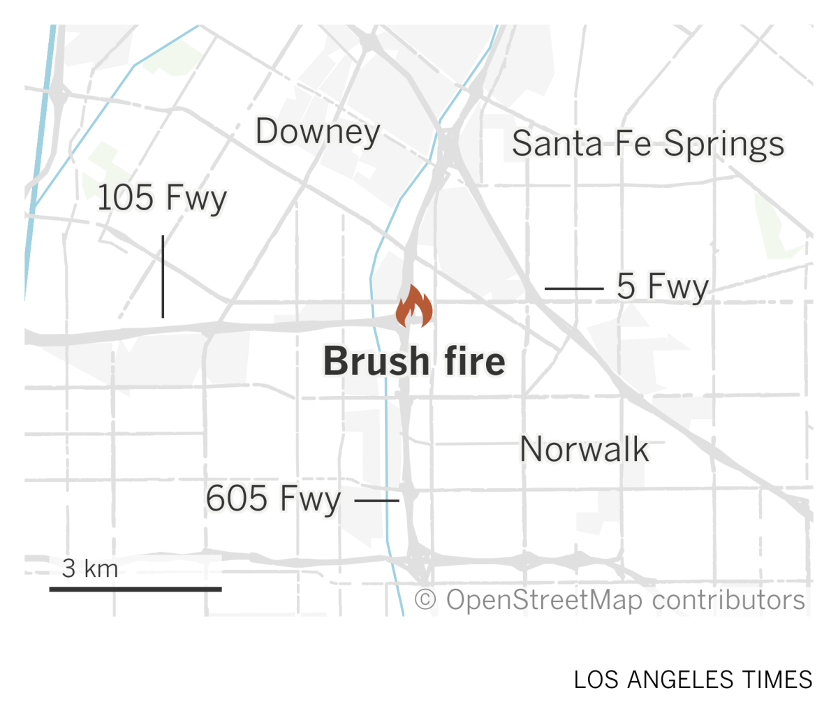A map  shows the location of a brush fire near the 105 and 605 freeways in Norwalk