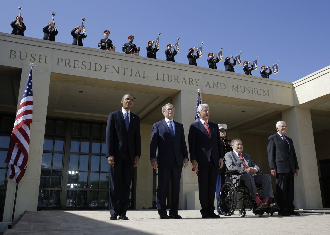 From left, President Obama and former presidents George W. Bush, Bill Clinton, George H.W. Bush and Jimmy Carter arrive for the dedication of the George W. Bush Presidential Center in Dallas.