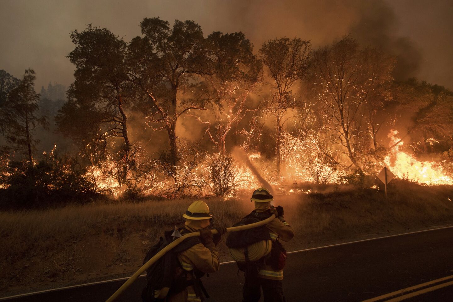 Firefighters battle a wildfire as it threatens to jump a road near Oroville. Evening winds drove the fire through several neighborhoods, leveling homes in its path.