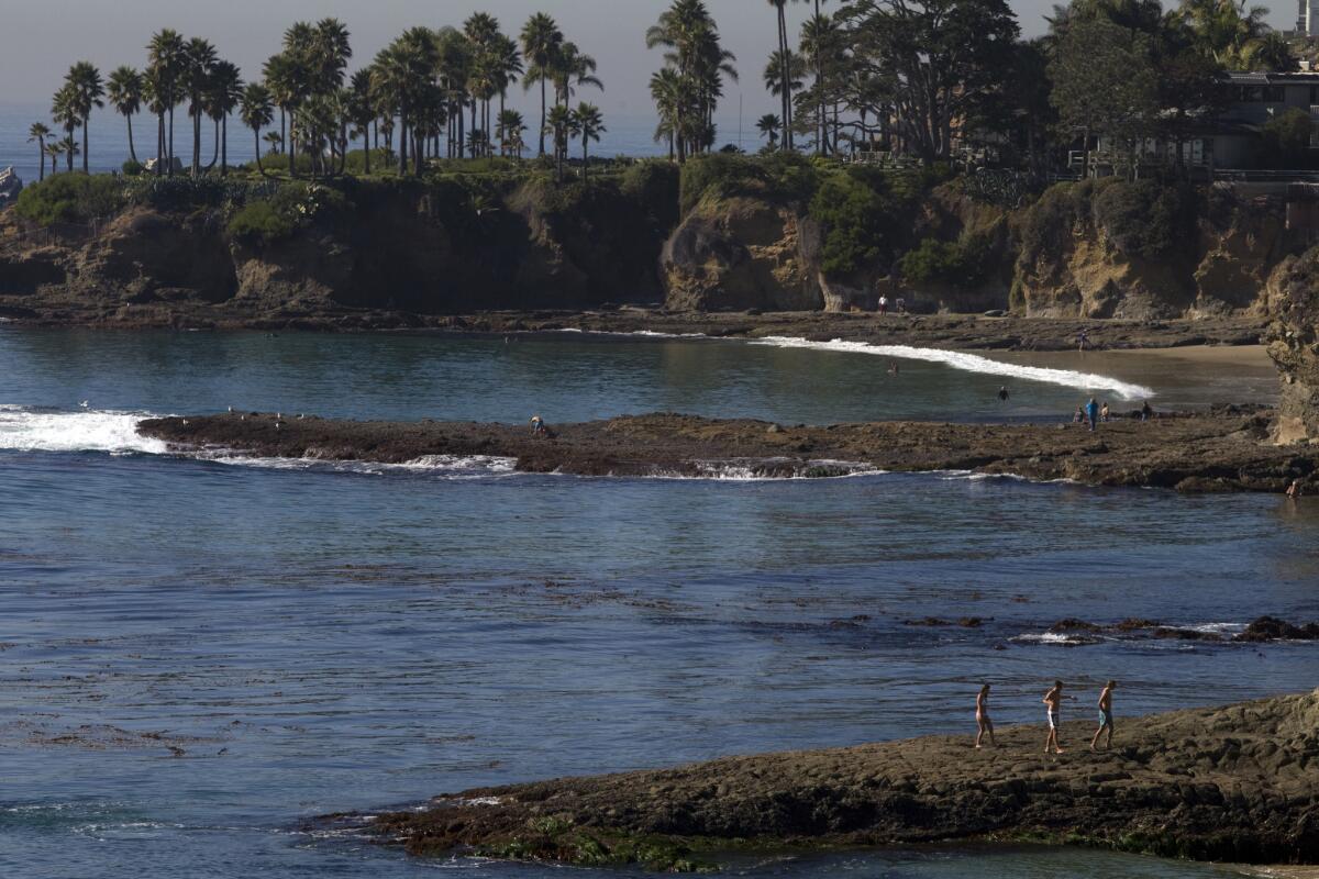 Youngsters explore tide pools amid warm weather Wednesday in Laguna Beach. Temperatures in some coastal areas were in the 80s Wednesday night as sundowner winds blew.