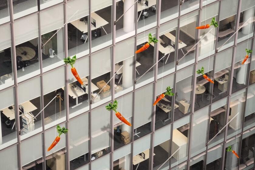 Photo illustration of the exterior windows of an office with flagpole sticks and hanging carrots