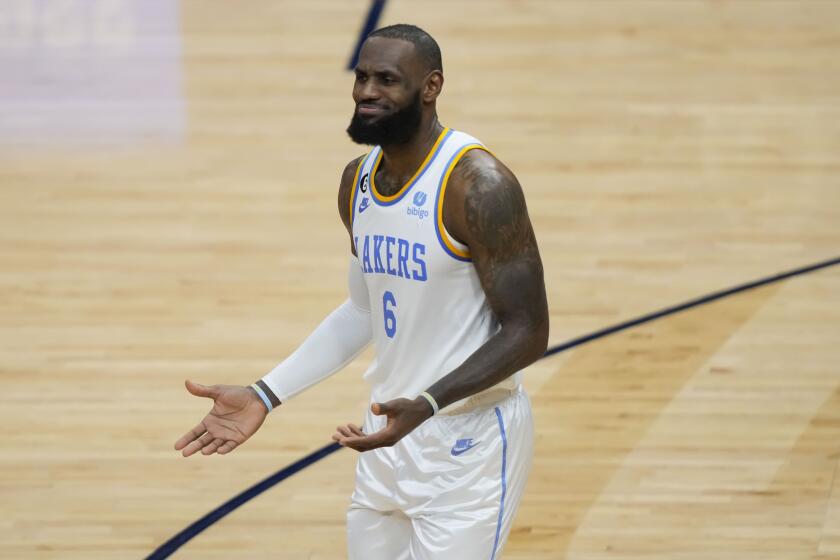 Los Angeles Lakers forward LeBron James (6) reacts after being called for a foul in the second half of an NBA basketball game against the New Orleans Pelicans in New Orleans, Saturday, Feb. 4, 2023. The Pelicans won 121-136. (AP Photo/Gerald Herbert)