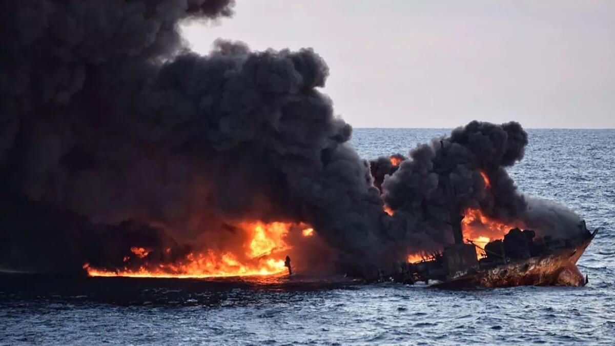 The oil tanker Sanchin burns in a photo from the Transport Ministry of China released on Jan. 14.