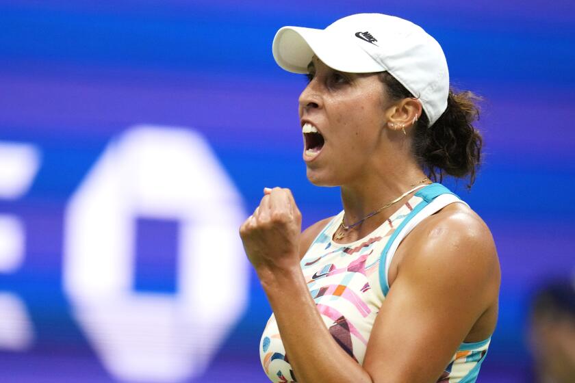 Madison Keys, of the United States, pumps her fist after winning the match against Jessica Pegula, of the United States, during the fourth round of the U.S. Open tennis championships, Monday, Sept. 4, 2023, in New York. (AP Photo/Manu Fernandez)