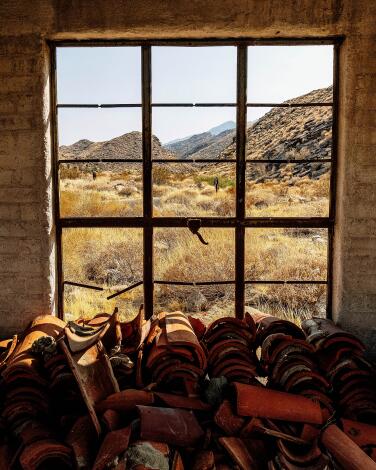 A view of Indian Canyons through a window.
