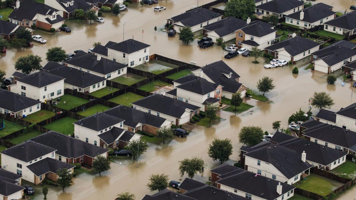 Residential neighborhoods near the Interstate 10 sit in floodwater in the wake of Hurricane Harvey in Houston.