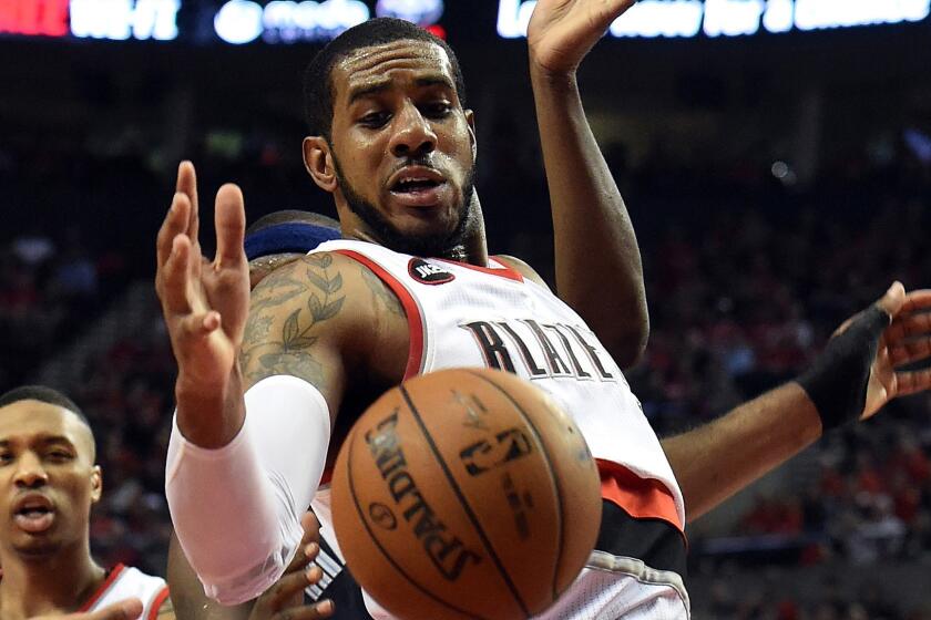 Portland Trail Blazers center LaMarcus Aldridge battles for a rebound during a playoff game against the Memphis Grizzlies on April 27.