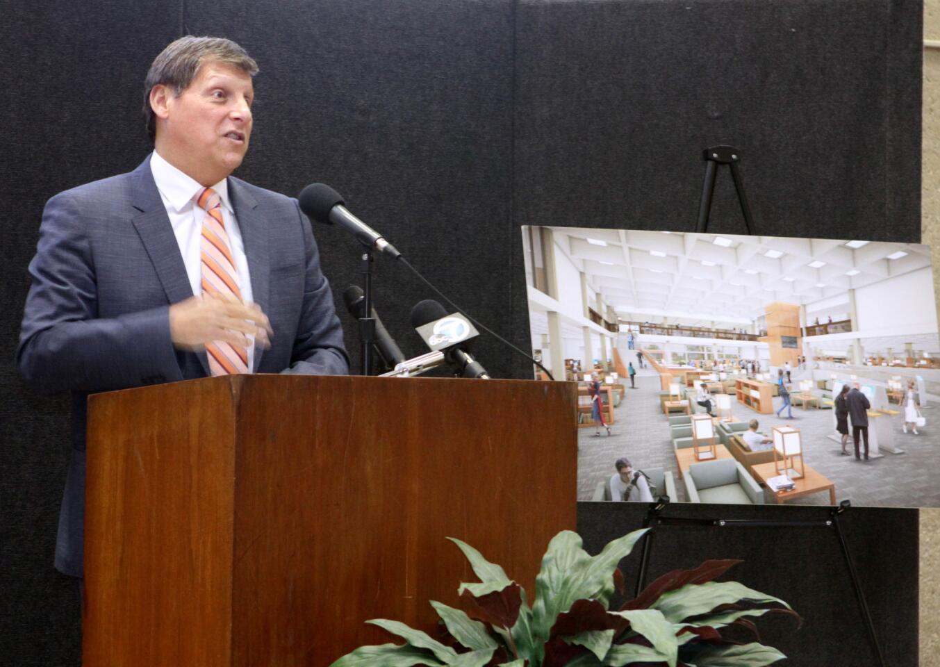 City of Glendale mayor Ara Najarian talks about the renovations that will take place in the next 18 months during the Glendale Central Library renovation groundbreaking ceremony at the library in Glendale on Thursday, July 16, 2015.