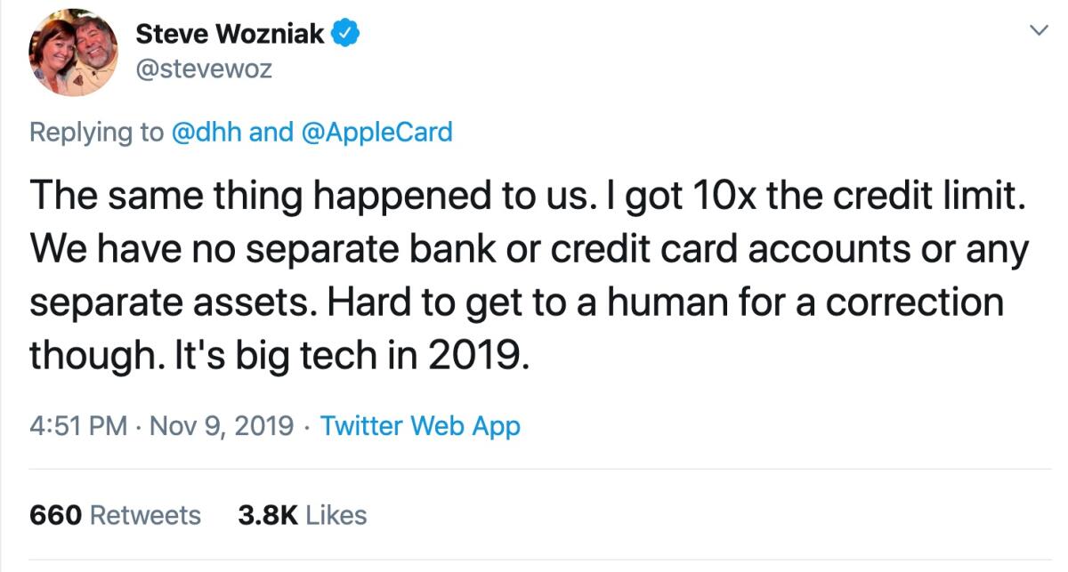 Steve Wozniak seconds David Hanson's tweet on Apple Card.