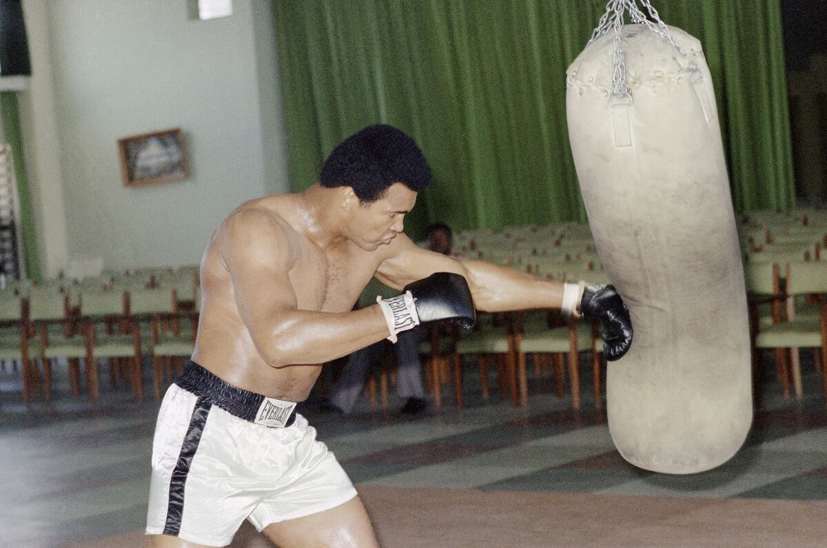 Heavyweight champ Muhammad Ali training at N'Sele Gym in Zaire on Oct. 23, 1974.