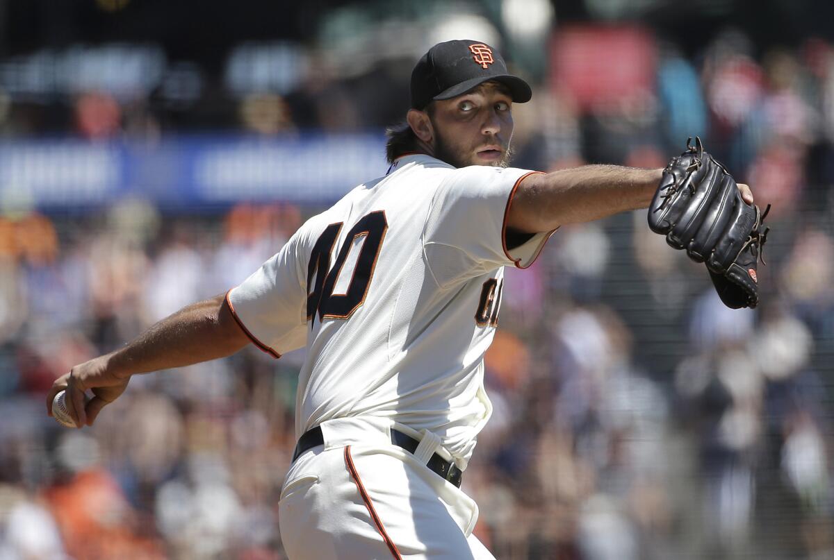 San Francisco Giants left-hander Madison Bumgarner pitches against the Chicago Cubs during the first inning of a game on Aug. 27.