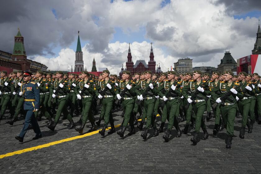 Russian servicemen march during the Victory Day military parade in Moscow, Russia, Monday, May 9, 2022, marking the 77th anniversary of the end of World War II. (AP Photo/Alexander Zemlianichenko)