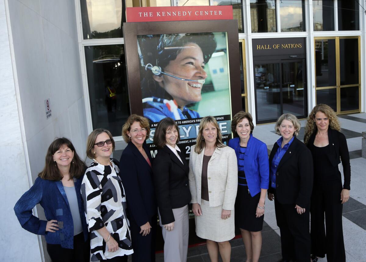 Sally Ride became the first U.S. woman in space in 1983, and more than three decades later Eileen Collins became the first woman to pilot an American spaceship. Above: Astronauts Cady Coleman, Kathy Sullivan, Sandy Magnus, Bonnie Dunbar, Kay Hire, Ellen Ochoa, Pam Melroy, and Julie Payette, pose before a tribute to Sally Ride at the John F. Kennedy Center for the Performing Arts in Washington, D.C.