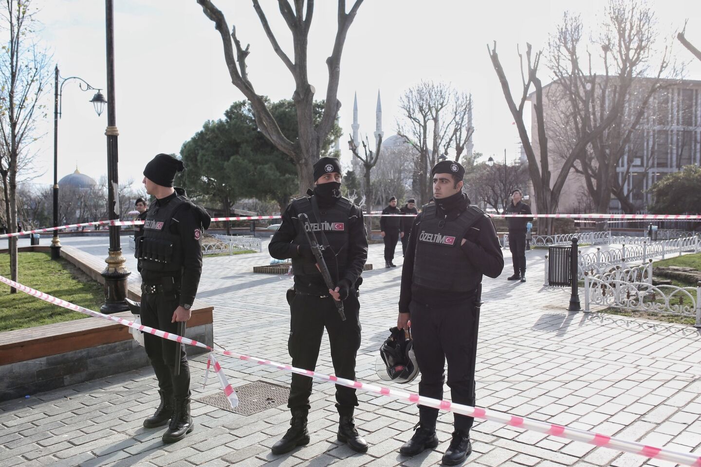 Turkish police secure the area after an explosion in the central Istanbul Sultanahmet district in Istanbul.