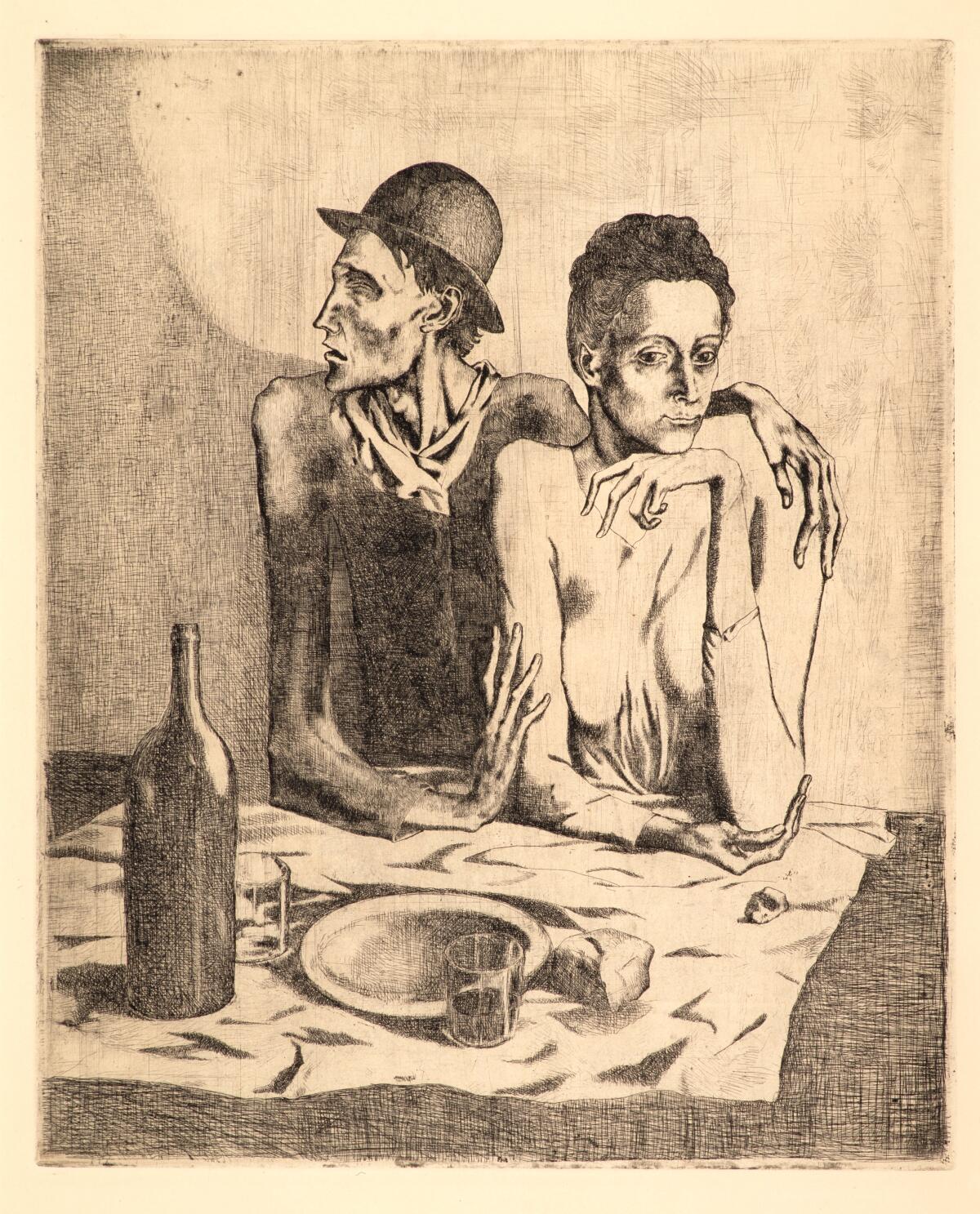 "The Frugal Repast" by Pablo Picasso (Etching, 1904). Museum purchase with funds provided by Mrs. Irving T. Snyder.