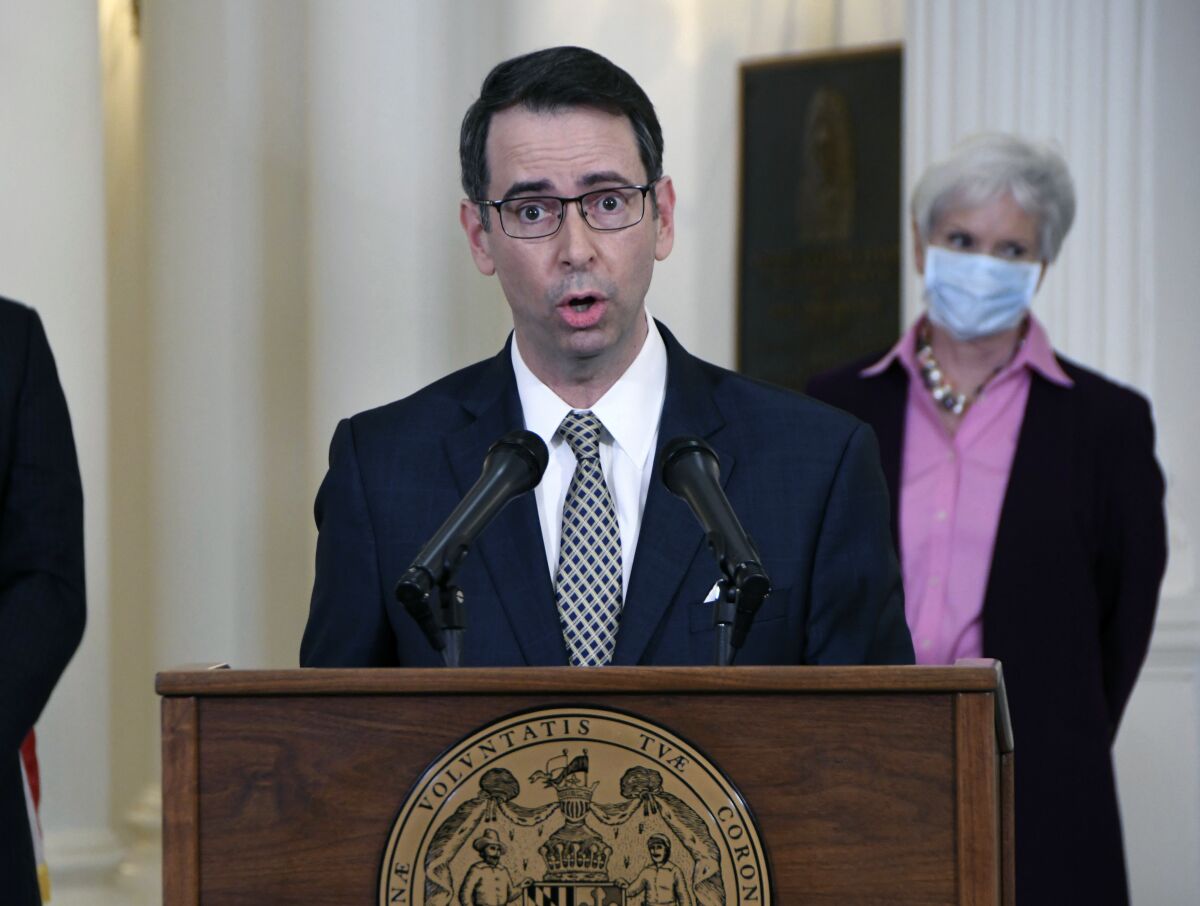 FILE - Roy McGrath, chief executive officer of the Maryland Environmental Service, speaks during a news conference at the State House in Annapolis, Md., on Wednesday, April 15, 2020. Maryland Gov. Larry Hogan initially expressed support in a private message to his former chief of staff when a severance payment to him now at the center of a federal indictment first became public, but Hogan’s spokesman said Thursday, Nov. 4, 2021 that the governor's message was sent before he learned about how the payment was obtained. (Pamela Wood/The Baltimore Sun via AP, File)