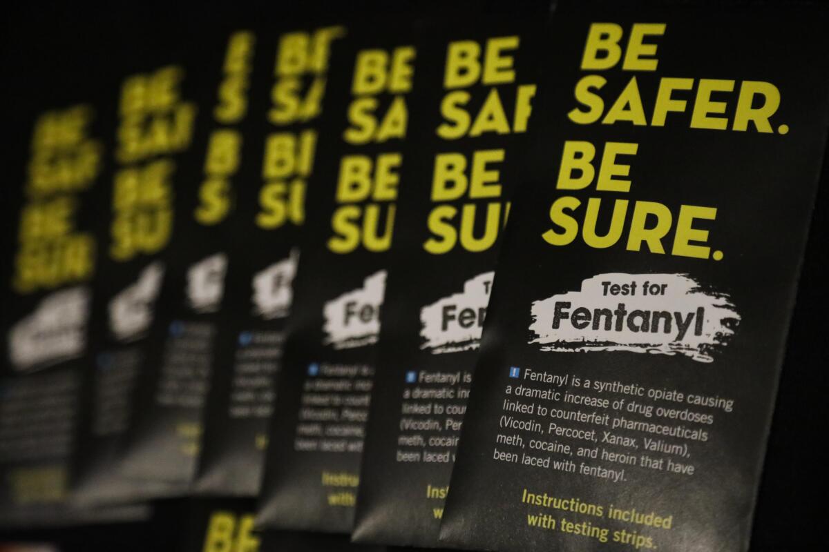 Fentanyl test strip packages, labeled "Be Safer. Be Sure."