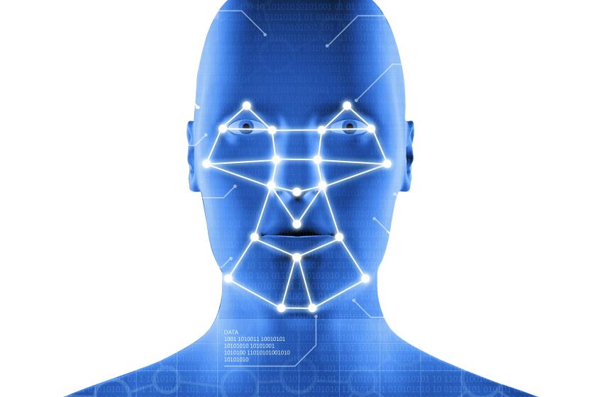 Facial recognition system showing a blue interface with a human head and biometrics data, with a grid of relevant points connected to facial features: used for survellaince, privacy control and identity tracking (Big Brother).