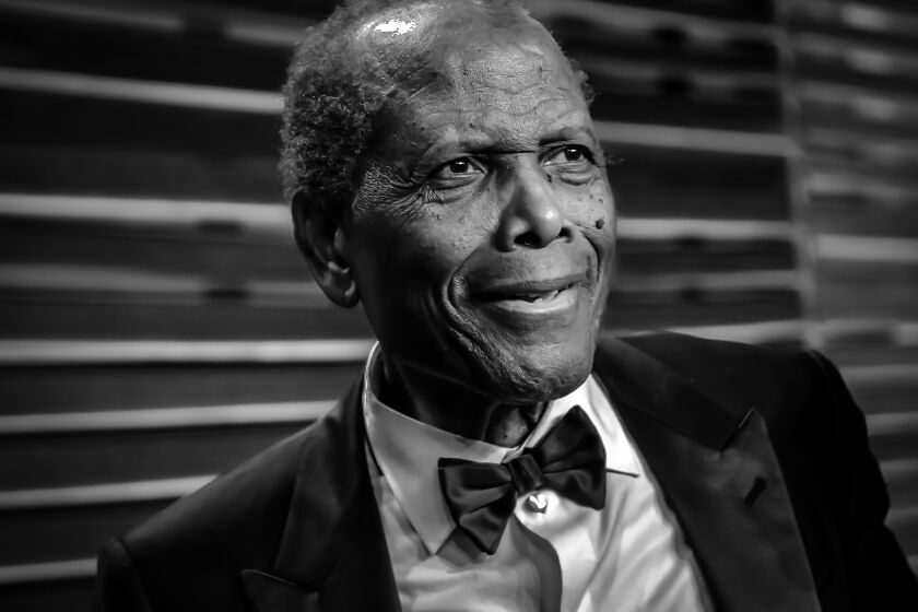 WEST HOLLYWOOD, CA - MARCH 02: (EDITORS NOTE: Image converted to black and white) Sidney Poitier attends the 2014 Vanity Fair Oscar Party Hosted By Graydon Carter on March 2, 2014 in West Hollywood, California. (Photo by Larry Busacca/VF14/Getty Images for Vanity Fair)