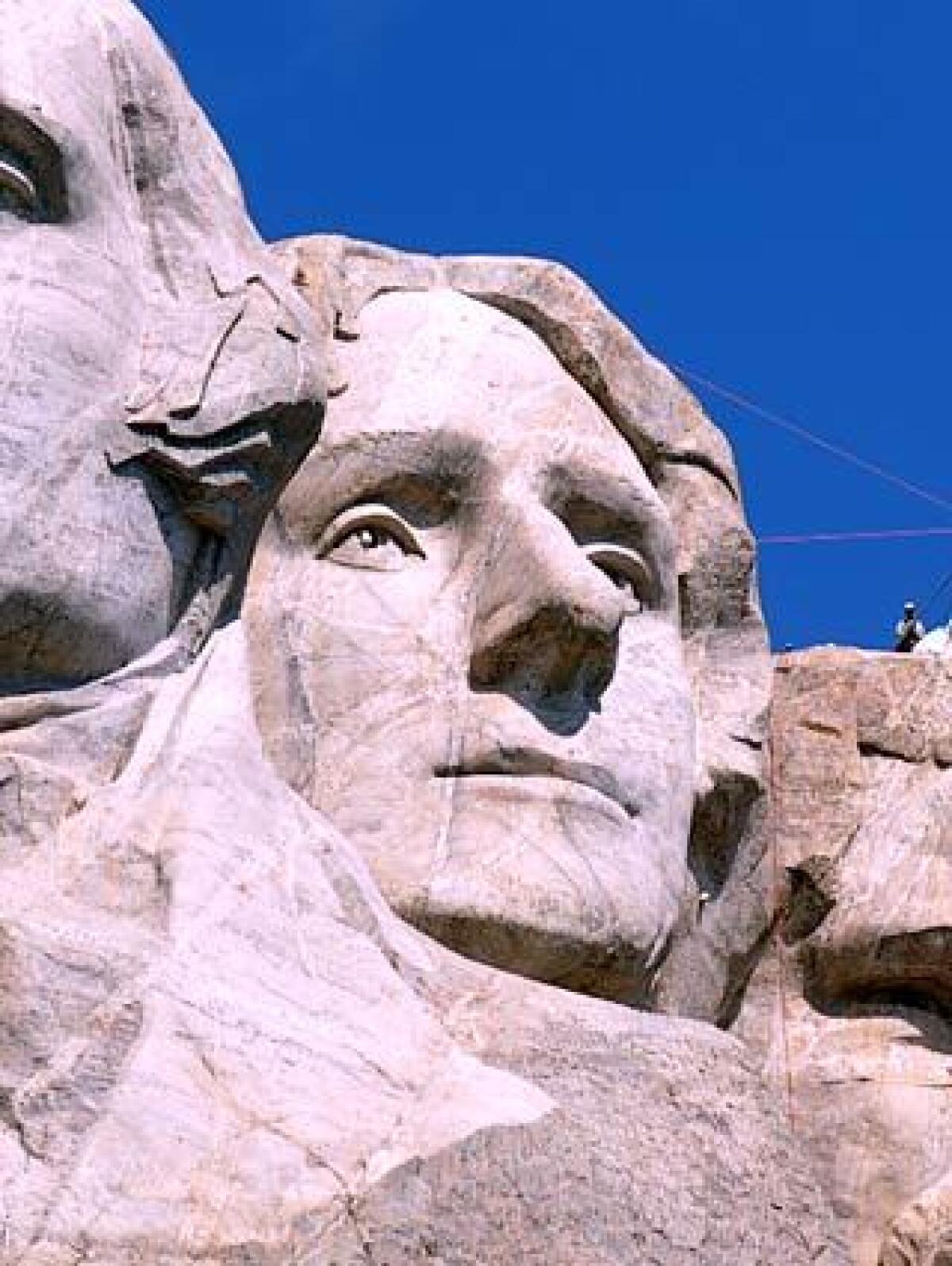 A close-up of Thomas Jefferson's likeness sculpted on Mt. Rushmore