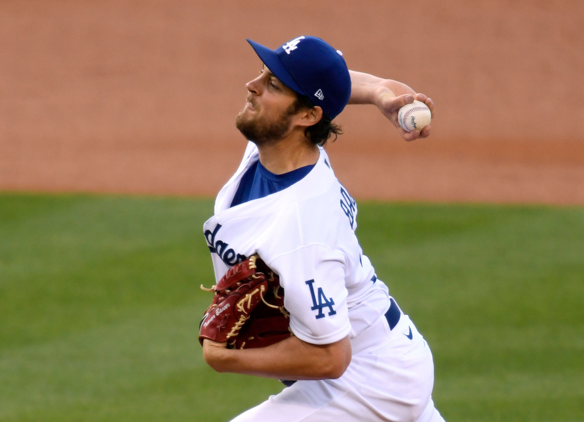 Dodgers starter Trevor Bauer delivers during the third inning against the Padres on Saturday.