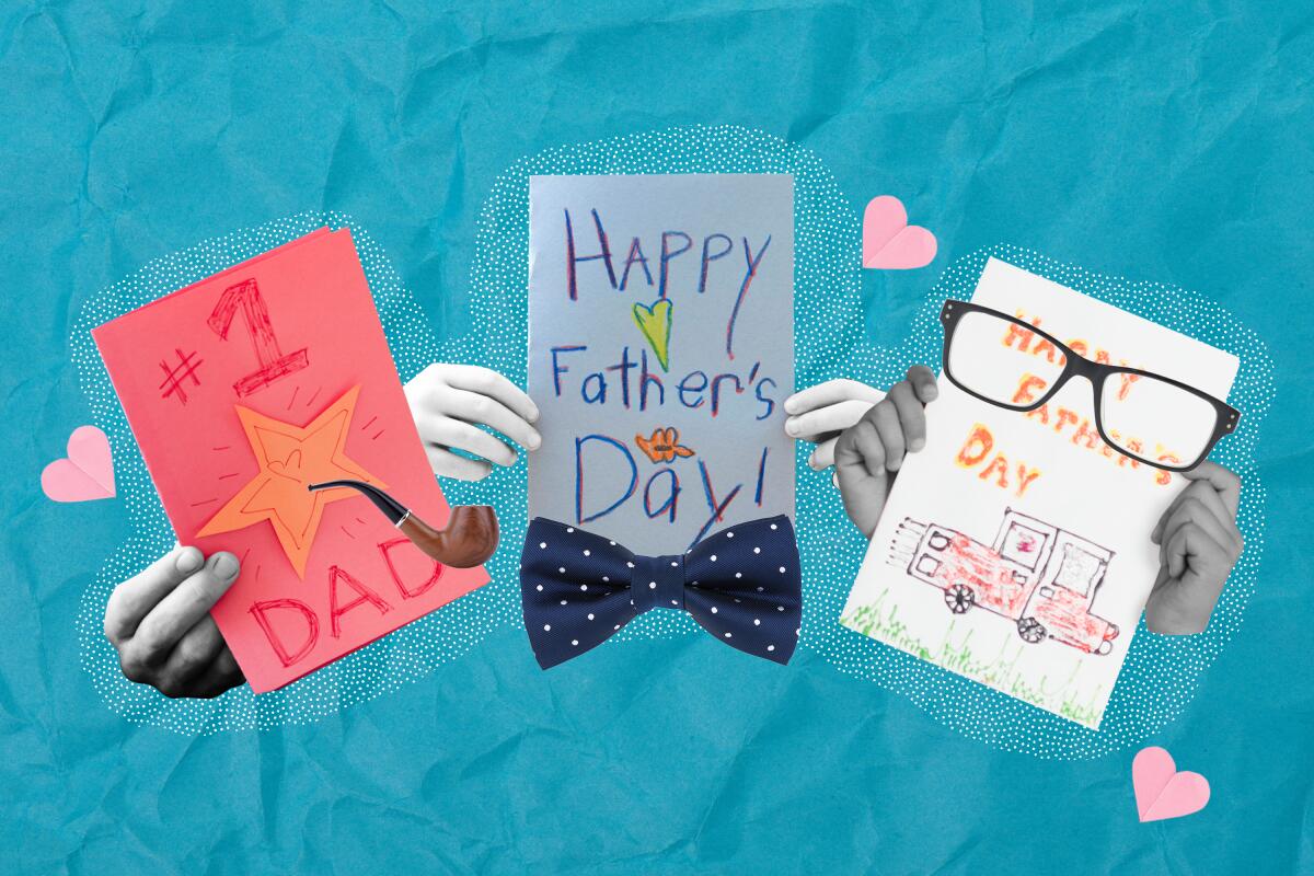 A photo illustration of three sets of hands holding Father's Day cards.