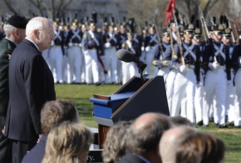 Vice President Dick Cheney reviews the Virginia Military Corps cadets as part of Military Appreciation Day at the college before Cheney addressed the Corps in Lexington, Va., Saturday, Nov. 8, 2008. (AP Photo/Don Petersen)