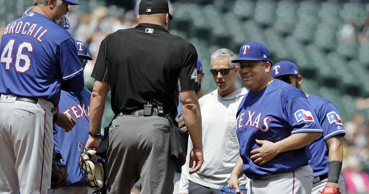 Rangers' Bartolo Colon takes a 102-mph line drive to the stomach, laughs it  off - Los Angeles Times