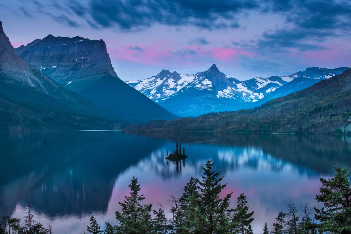 Wild Goose Island is seen at sunrise at Montana’s Glacier National Park.