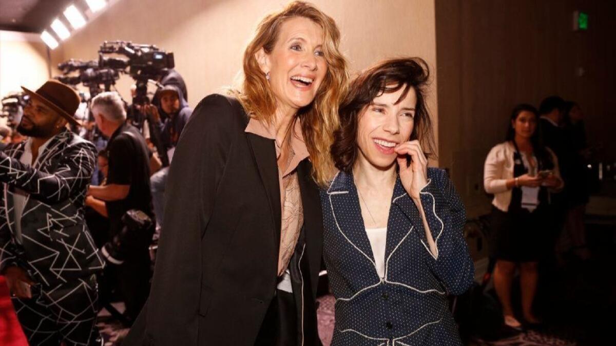 Laura Dern, left, on the Board of Governors greets Sally Hawkins, nominated for Best Actress during the Nominees Luncheon for the 90th Oscars in the Beverly Hilton Grand Ballroom on Monday February 5, 2018.