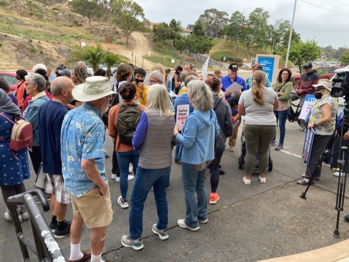 Community members outside the SDUHSD building on May 19.