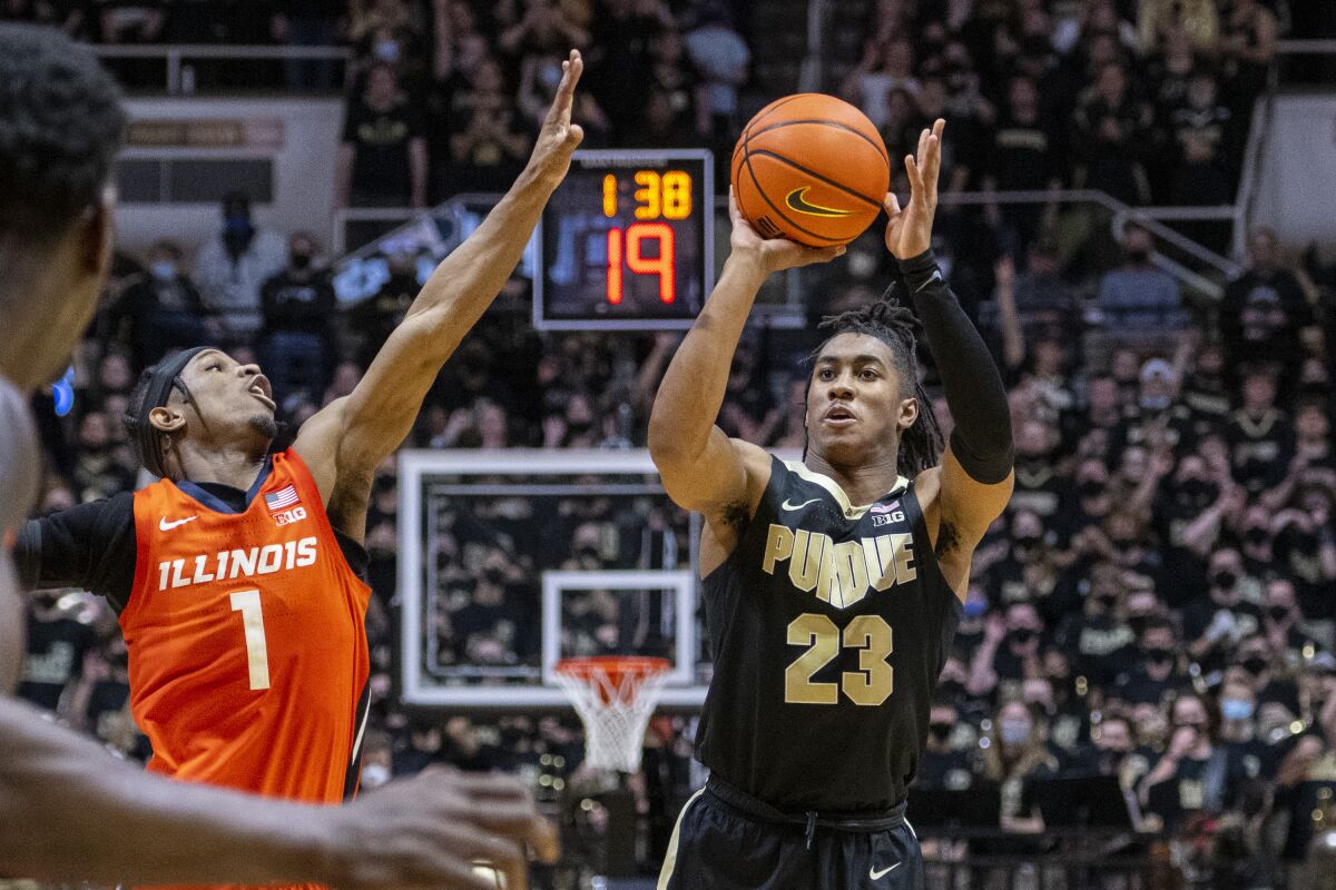 Purdue guard Jaden Ivey (23) shoots during the second half of an NCAA college basketball game against Illinois, Tuesday, Feb. 8, 2022, in West Lafayette, Ind. (AP Photo/Doug McSchooler)