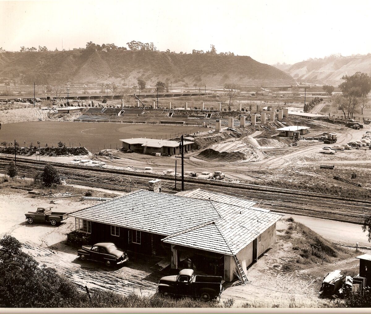 Westgate Park is pictured under construction in Mission Valley in early 1958. Friars Road is in the foreground.