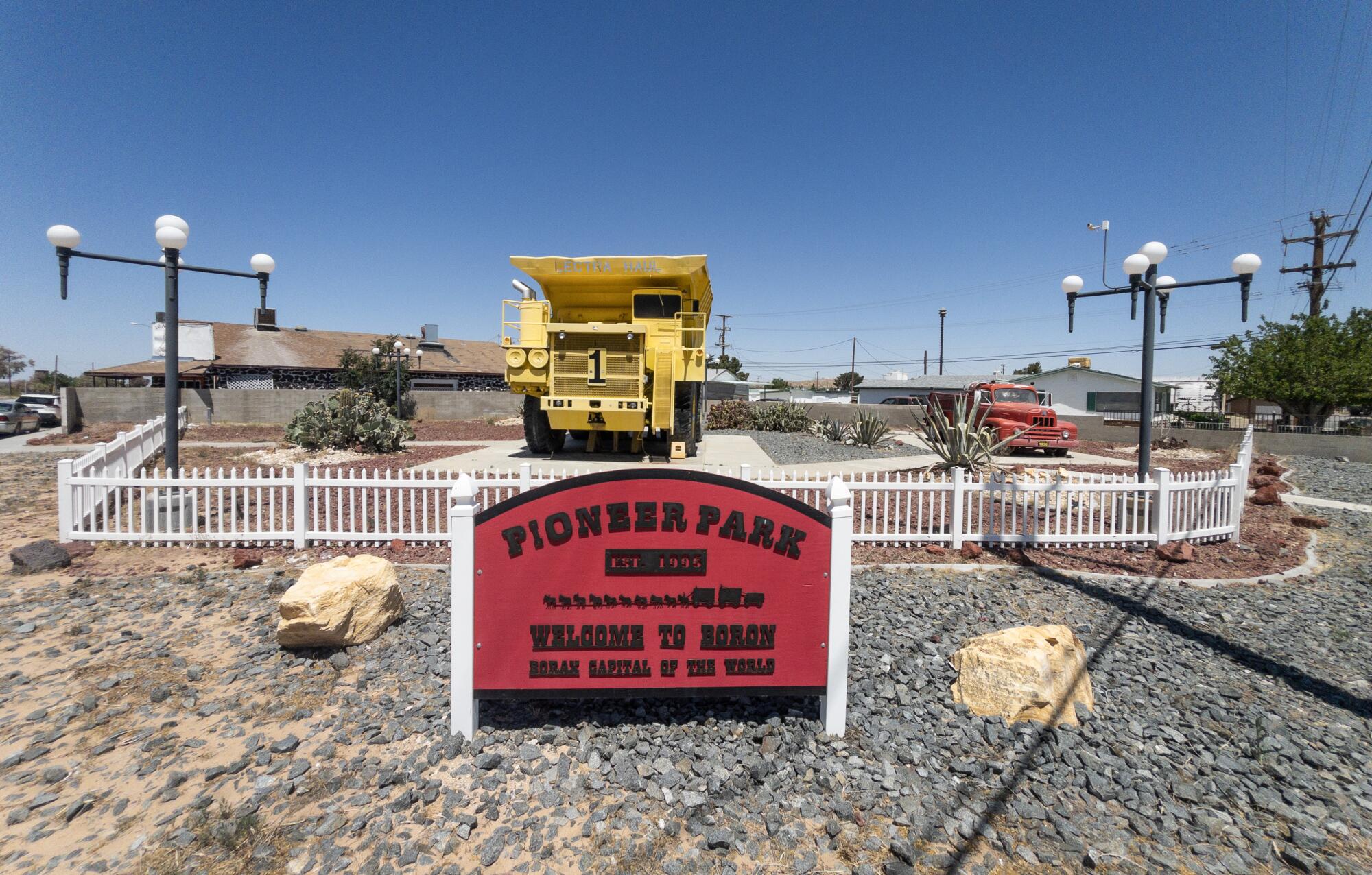 A giant dump truck is displayed at a tourist stop in Boron.