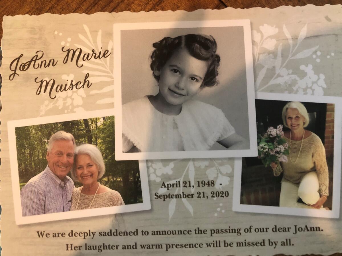 A memorial card for JoAnn Maisch, who passed away on Sept. 21.