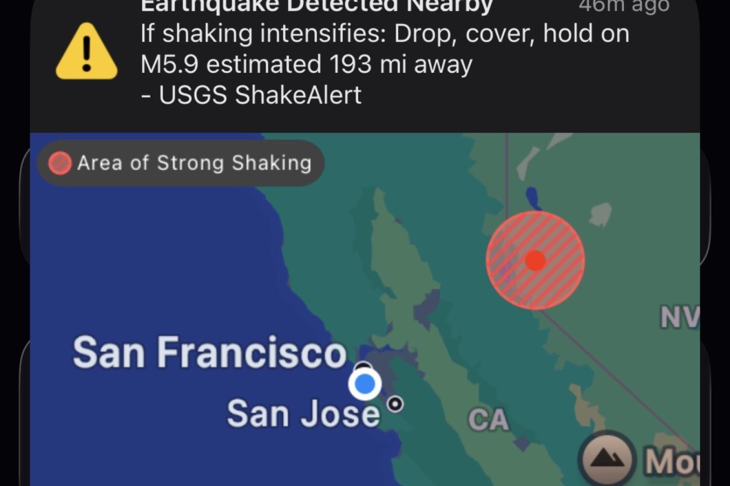 A screenshot shows the image of a false alarm from an earthquake early warning..