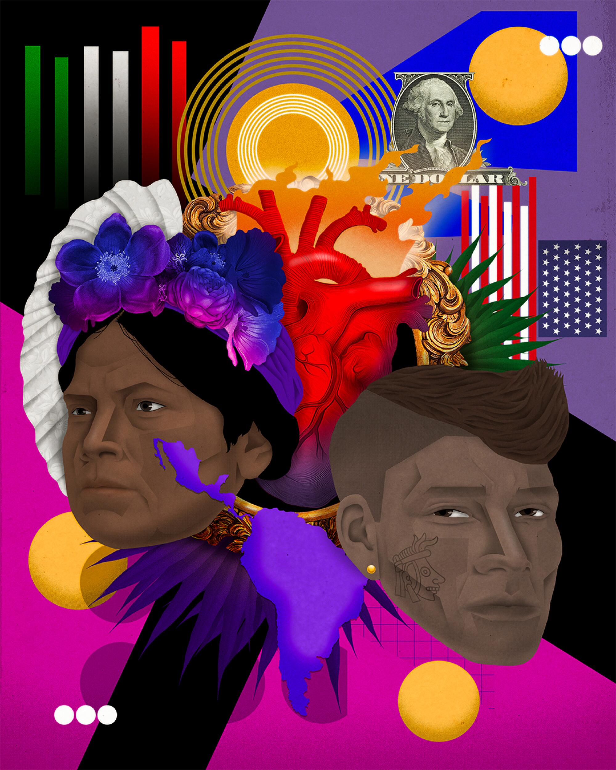 collage of two faces, a heart, american flag, mexico flag 