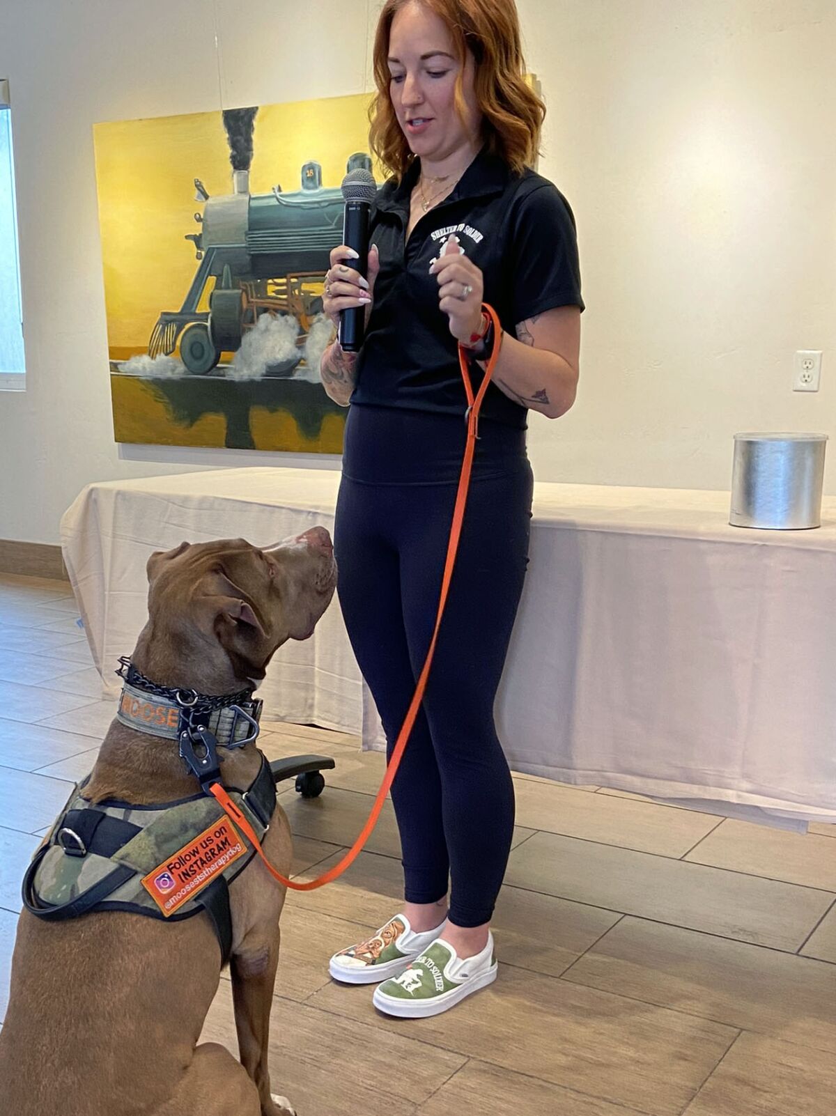 Nicky Moore, with K9 Ambassador Moose, from Shelter to Soldier, which received $2,000 from the Kiwanis Club of La Jolla.