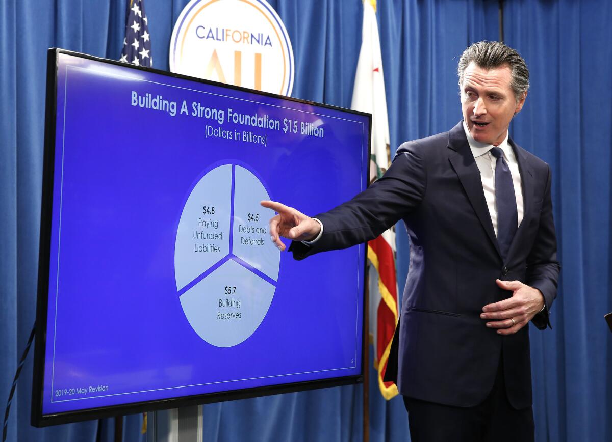 Gov. Gavin Newsom points to a pie chart on a TV screen labeled "Building A Strong Foundation $15 Billion."