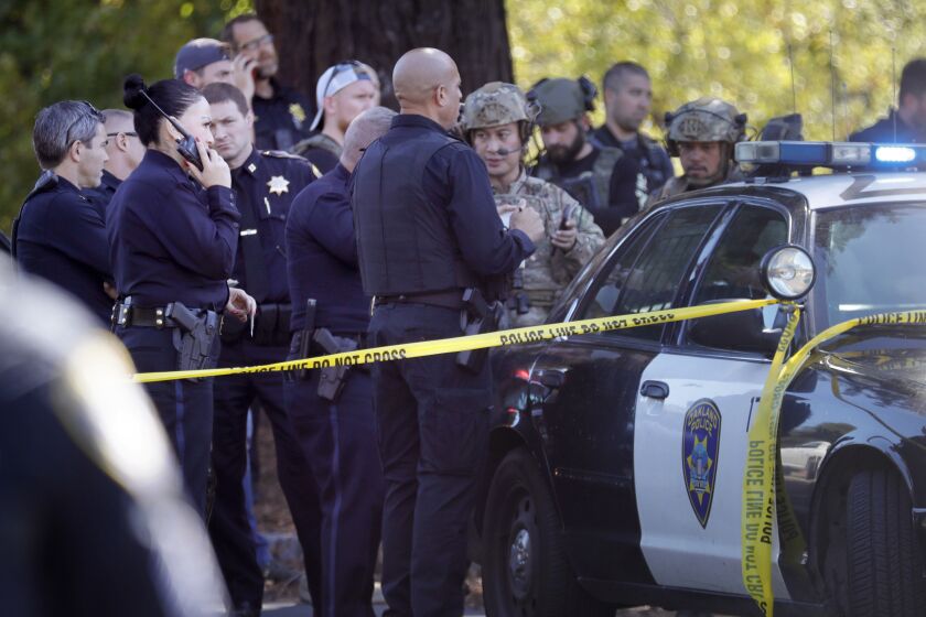OAKLAND, CALIFORNIA - SEPTEMBER 28: Law enforcement officers from several agencies respond after at least six adults were shot at a group of schools in East Oakland, Calif., on Wednesday, Sept. 28, 2022. (Photo by Jane Tyska/MediaNews Group/East Bay Times via Getty Images)