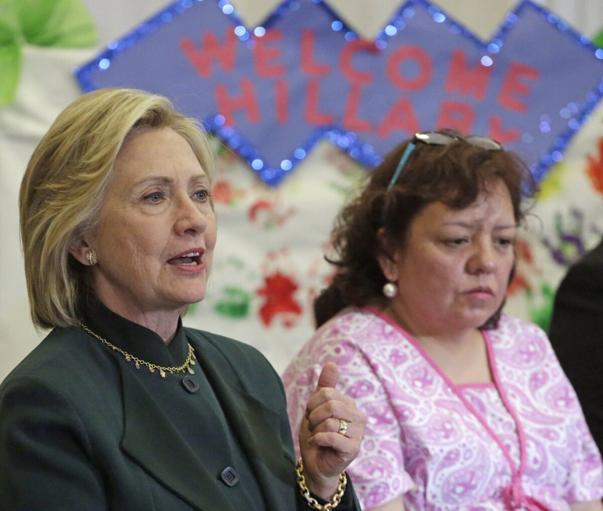 Democratic presidential candidate Hillary Rodham Clinton speaks to child care workers during a visit to Chicago on May 20. Clinton has emphasized liberal positions in her campaign so far.