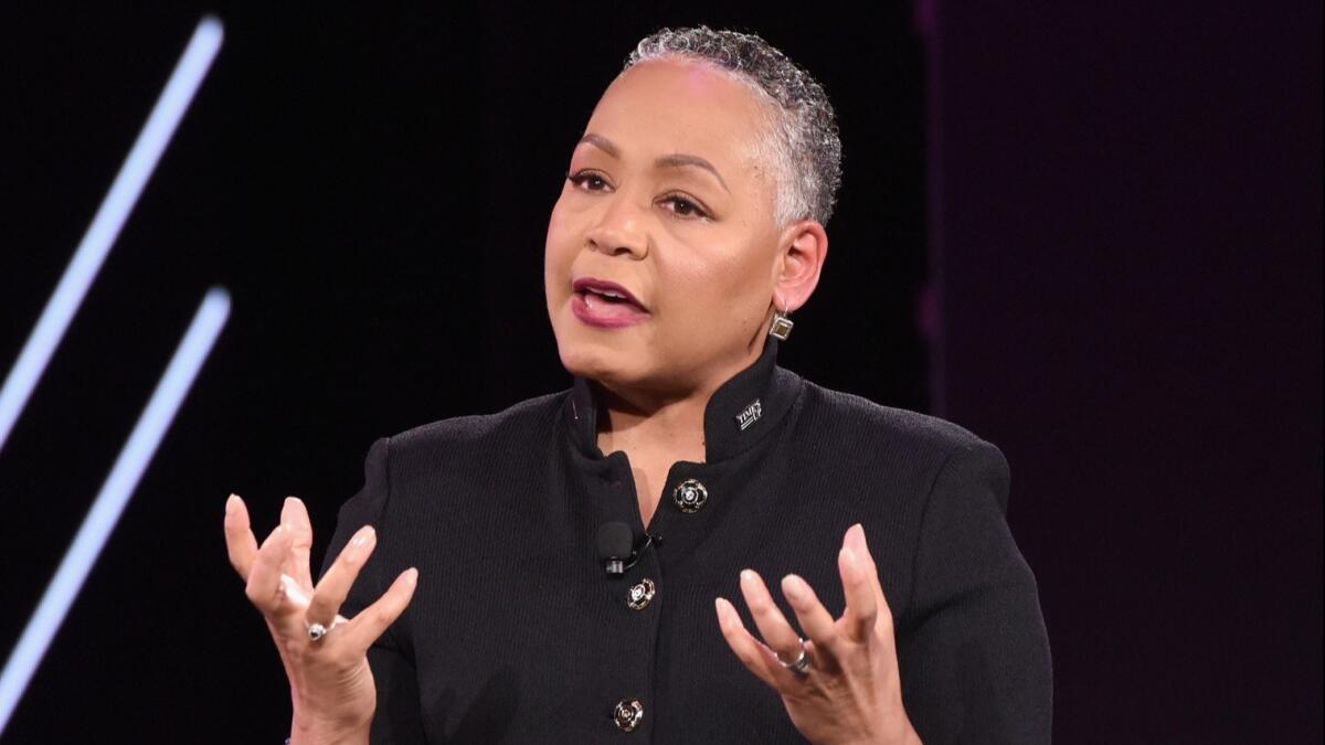 Lisa Borders, seen at the Makers Conference on Feb. 7, resigned from her position as chief executive of Time's Up on Monday, citing family issues.