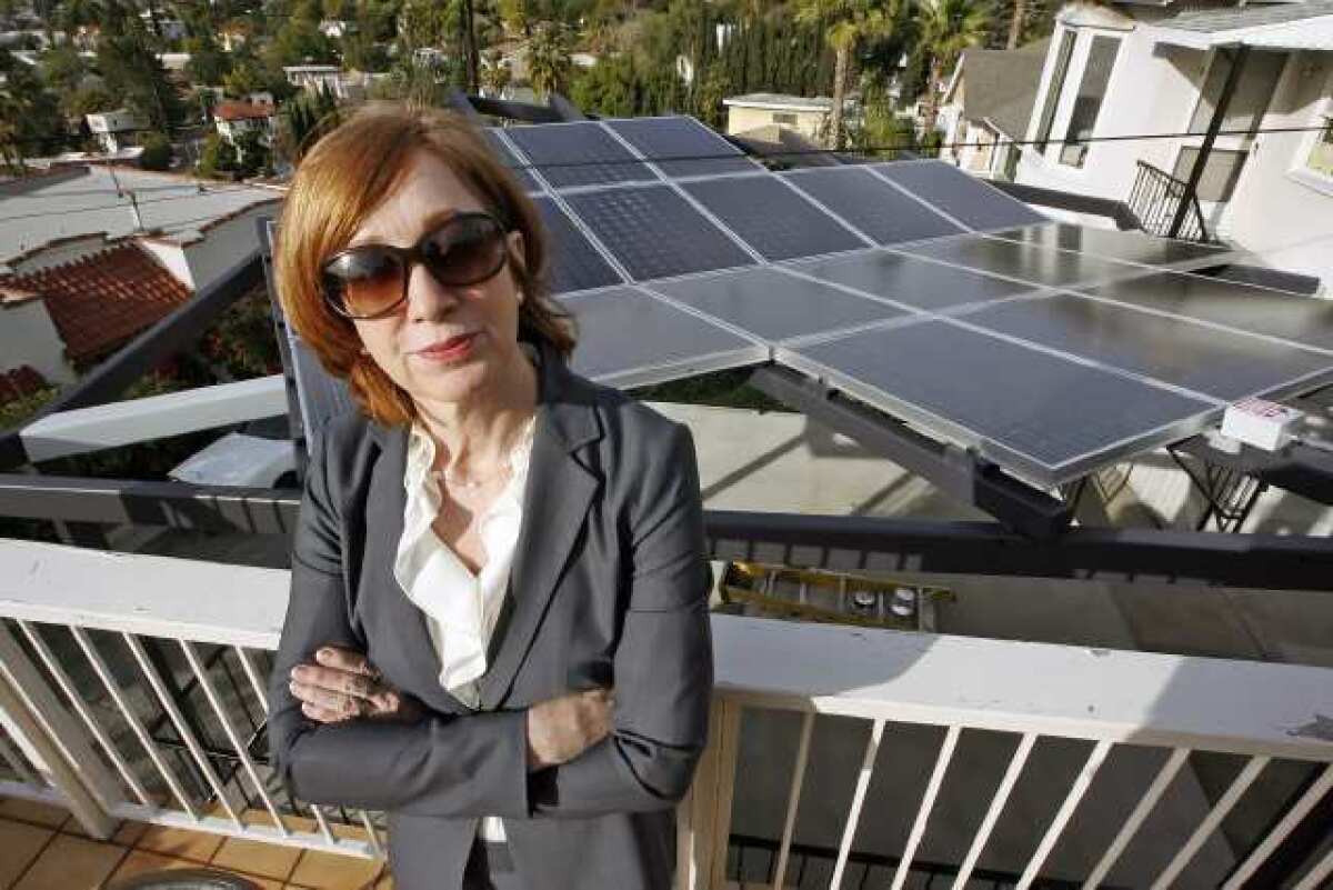 Glendale resident Connie Meisner stands on her deck overlooking a recently built solar panel structure on her neighbor's deck.