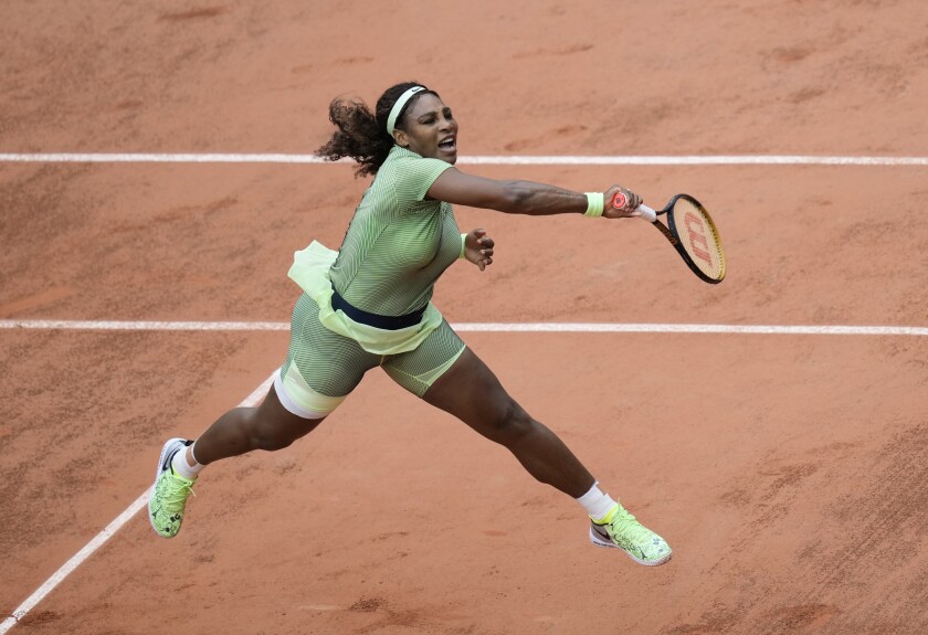 United States Serena Williams serves to Romania's Mihaela Buzarnescu during their second round match on day four of the French Open tennis tournament at Roland Garros in Paris, France, Wednesday, June 2, 2021. (AP Photo/Thibault Camus)