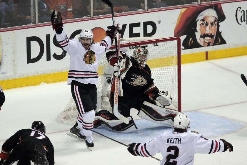 Blackhawks forward Brandon Saad reacts after teammate Jonathan Toews' goal on Ducks goalie Frederik Andersen late in the third period of Game 5 of the Western Conference finals.