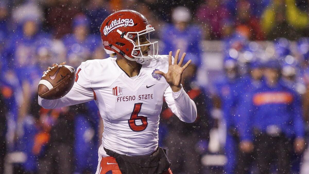 Fresno State quarterback Marcus McMaryion looks to pass against Boise State during the Mountain West championship game Dec. 1.