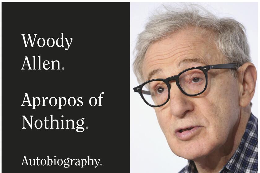 This combination photo shows a book cover image for "Apropos of Nothing," an autobiography by Woody Allen, to be released on April 7. (Grand Central Publishing via AP, left, and AP Photo)