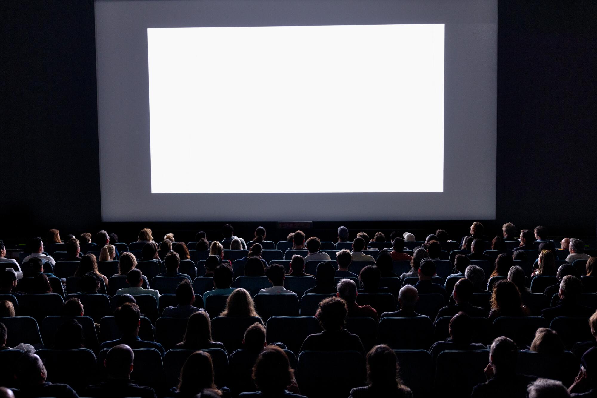 A theater full of people looking at a white screen