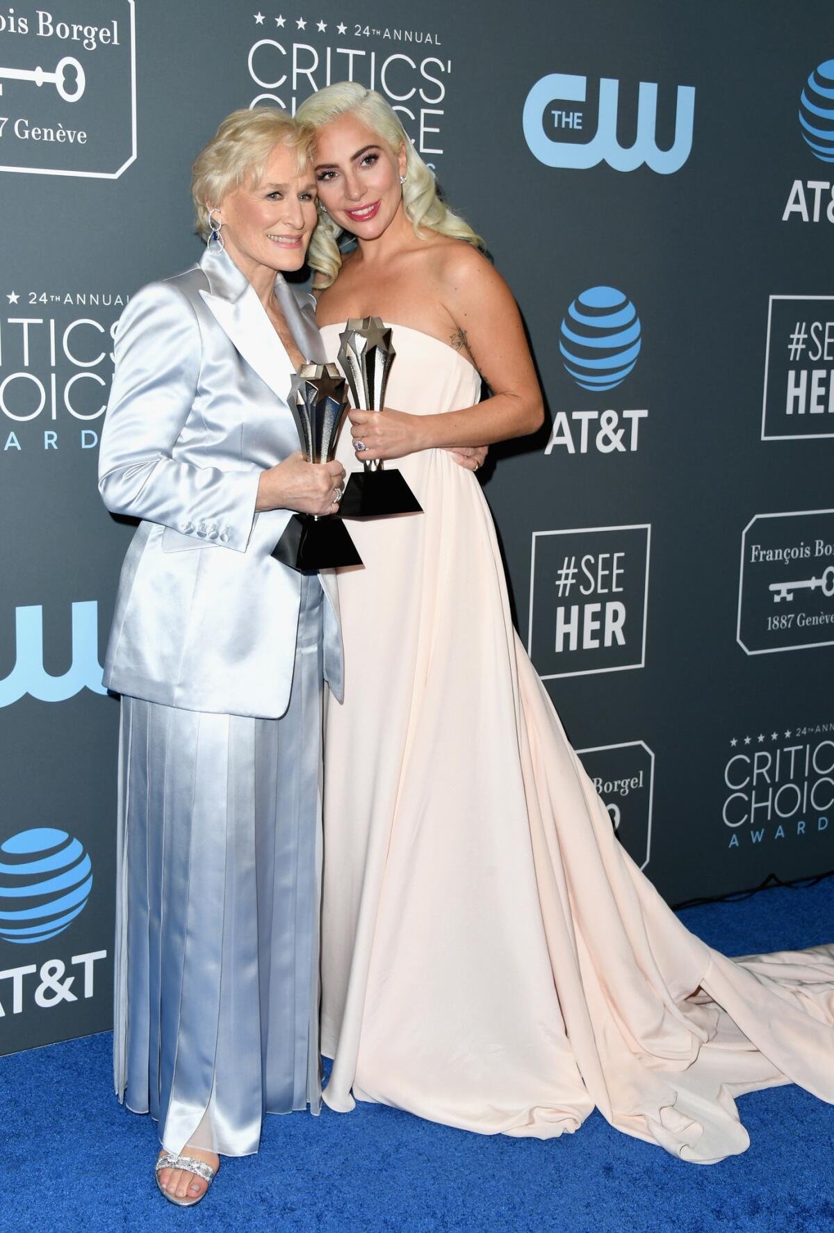 Glenn Close and Lady Gaga tied for the best actress award at the 24th Critics' Choice Awards at Barker Hangar in Santa Monica on Jan. 13.